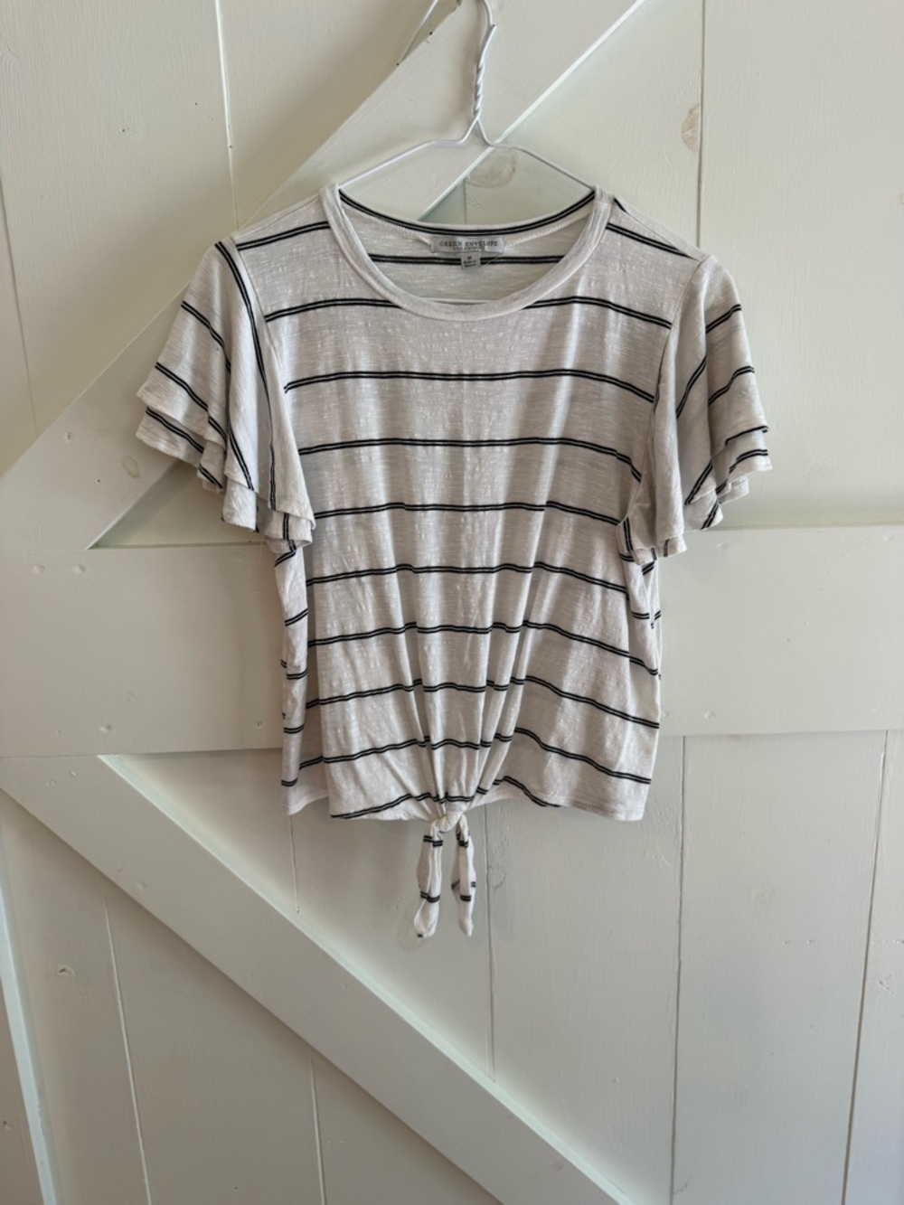 Green Envelope Los Angeles‎ Striped Tie Front Flutter Sleeve Tee Medium